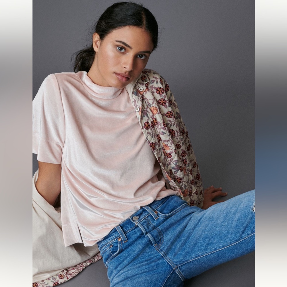 NWT Anthropologie Krisha Velvet Mock Neck Top Pink XS